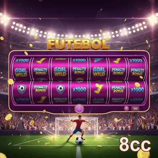 Tela do jogo de slot 8cc com tema de futebol, mostrando símbolos relacionados ao esporte.