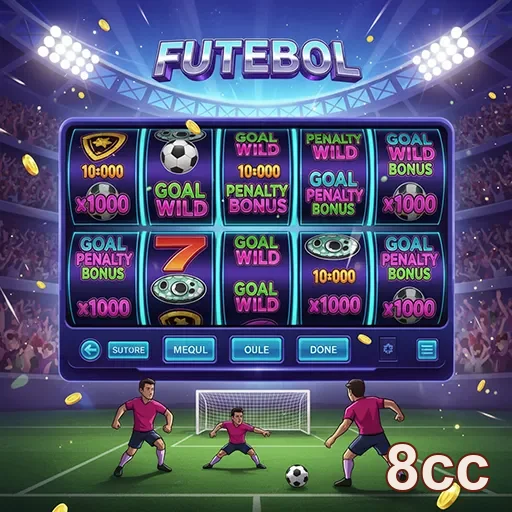 Imagem de slot machine temática de futebol do site 8cc, destacando gráficos vibrantes e diversão no jogo.