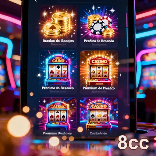 Ícones animados de jogos do site 8cc, representando diversão e interatividade.