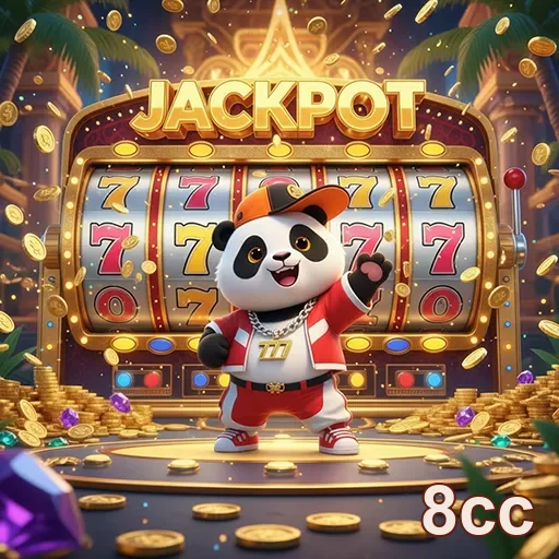Imagem do slot Jackpot Panda no site 8cc, mostrando pandas e elementos de sorte.