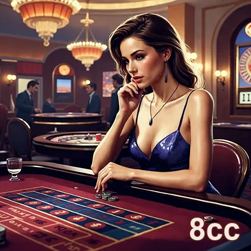 Jogadora sorridente em um cassino, jogando roleta no site 8cc.